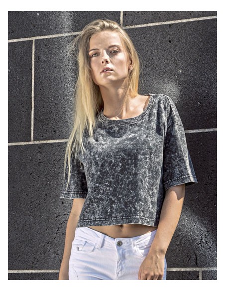 BUI-BY054-Ladies Acid Washed Cropped Tee