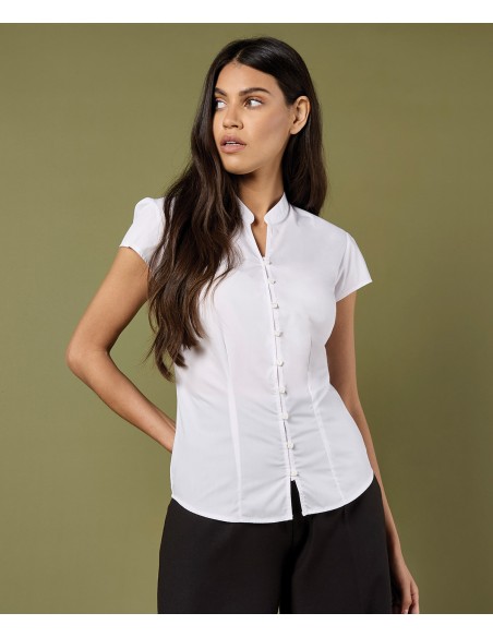 KUS-KK727-Tailored Fit Mandarin Collar Poplin Blouse Cap Sleeve