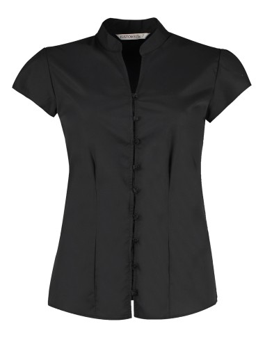 KUS-KK727-Tailored Fit Mandarin Collar Poplin Blouse Cap Sleeve