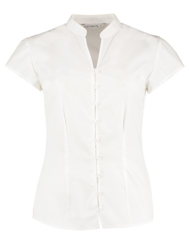 KUS-KK727-Tailored Fit Mandarin Collar Poplin Blouse Cap Sleeve