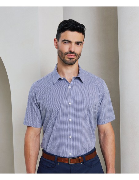 PRE-PR221-Mens Microcheck (Gingham) Short Sleeve Cotton Shirt