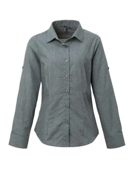 PRE-PR317-WOMEN'S CROSS-DYE ROLL SLEEVE POPLIN BAR SHIRT