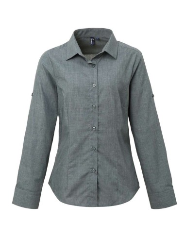 PRE-PR317-WOMEN'S CROSS-DYE ROLL SLEEVE POPLIN BAR SHIRT