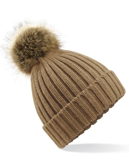 B-B412-Faux Fur Pop Pom Chunky Beanie