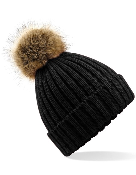 B-B412-Faux Fur Pop Pom Chunky Beanie