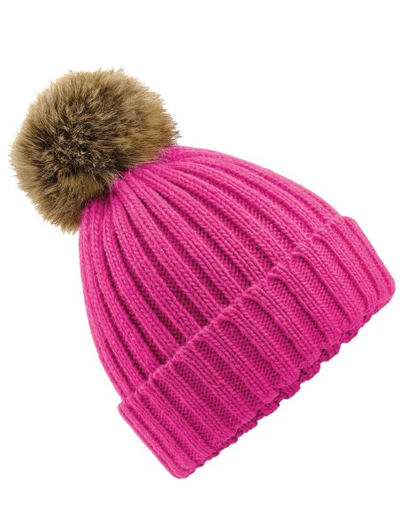 B-B412-Faux Fur Pop Pom Chunky Beanie