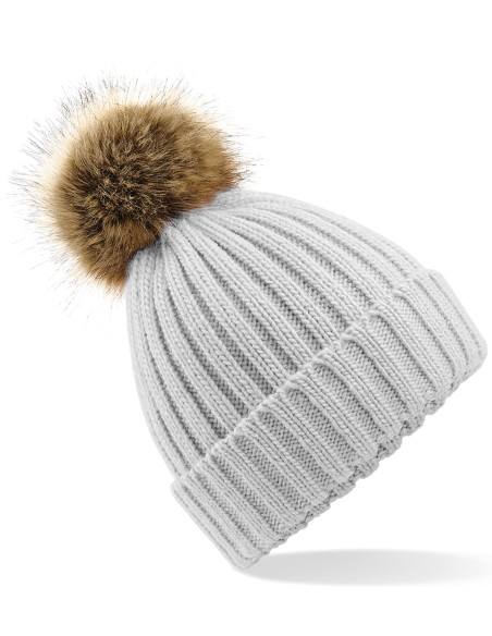 B-B412-Faux Fur Pop Pom Chunky Beanie
