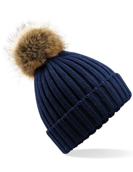 B-B412-Faux Fur Pop Pom Chunky Beanie