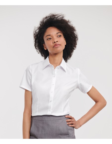 RUS-0R963F0-Ladies' Short Sleeve Tailored Herringbone Shirt