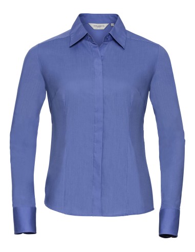 RUS-0R924F0-Ladies' Long Sleeve Fitted Polycotton Poplin Shirt