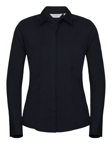 RUS-0R924F0-Ladies' Long Sleeve Fitted Polycotton Poplin Shirt