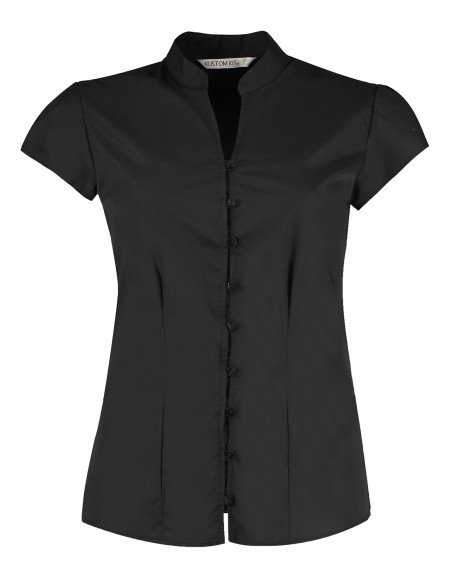 K-KK727-Tailored Fit Mandarin Collar Poplin Blouse Cap Sleeve