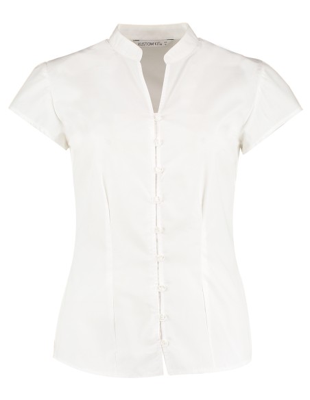 K-KK727-Tailored Fit Mandarin Collar Poplin Blouse Cap Sleeve